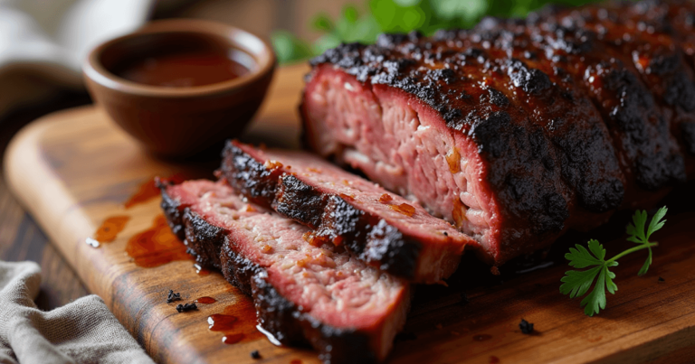 Delicious smoked ribs from Pellet Grill Recipes, featuring a dark, crispy bark, juicy interior, and served on a wooden cutting board with barbecue sauce on the side.