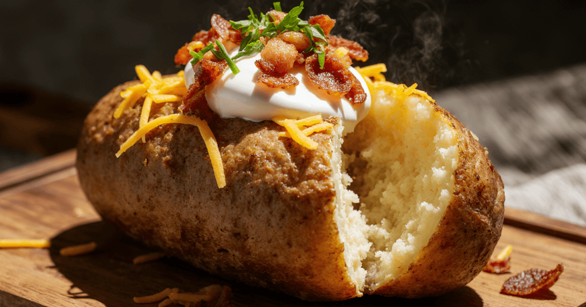 A fluffy baked potato with crispy golden skin, topped with butter and chives, showing the perfect baked potato recipe