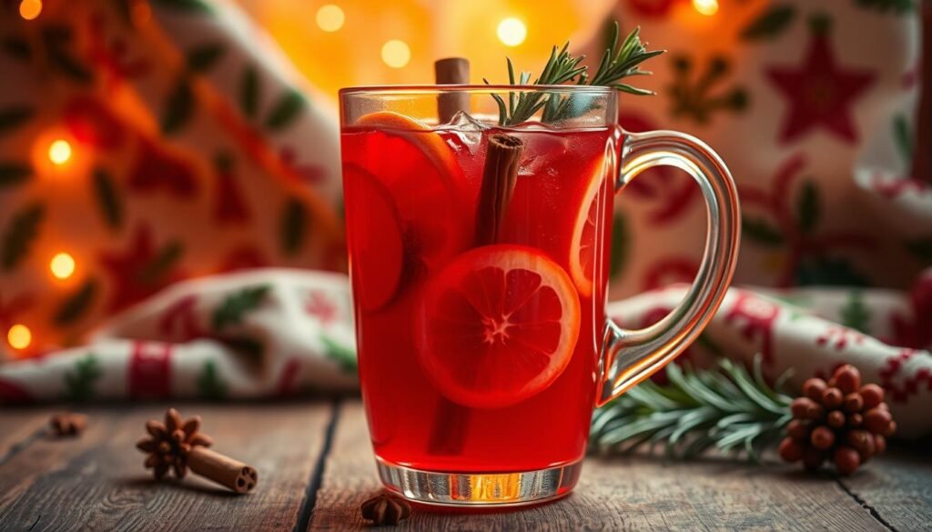 A festive holiday punch set against a warm, cozy backdrop. A crystal-clear glass vessel filled with a vibrant, ruby-red liquid, garnished with slices of fresh citrus, cinnamon sticks, and fragrant rosemary sprigs. Gentle rays of warm, ambient light filter through the drink, casting a soft, inviting glow. The scene is framed by a rustic, wooden tabletop and a plush, textured holiday-themed fabric in the background, creating a captivating and inviting atmosphere. Subtle hints of holiday spices and a hint of sweetness linger in the air, enticing the senses and setting the stage for a delightful, non-alcoholic Christmas celebration. A festive holiday punch set against a warm, cozy backdrop. A crystal-clear glass vessel filled with a vibrant, ruby-red liquid, garnished with slices of fresh citrus, cinnamon sticks, and fragrant rosemary sprigs. Gentle rays of warm, ambient light filter through the drink, casting a soft, inviting glow. The scene is framed by a rustic, wooden tabletop and a plush, textured holiday-themed fabric in the background, creating a captivating and inviting atmosphere. Subtle hints of holiday spices and a hint of sweetness linger in the air, enticing the senses and setting the stage for a delightful, non-alcoholic Christmas celebration.