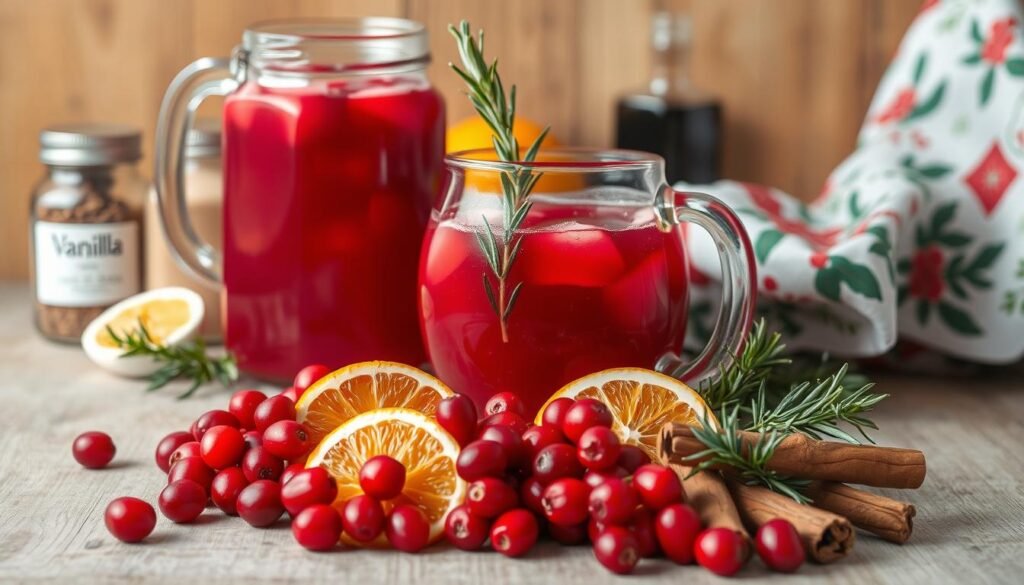 A still life arrangement of various Christmas punch ingredients against a warm, festive backdrop. In the foreground, a cluster of bright red cranberries, fresh orange slices, and cinnamon sticks. In the middle ground, a glass pitcher filled with a ruby-red punch mixture, garnished with a sprig of rosemary. In the background, a wooden surface with jars of spices, a bottle of vanilla extract, and a festive holiday-themed cloth napkin. The lighting is soft and gentle, casting a cozy, inviting glow over the scene. The overall mood is one of holiday cheer and homemade comfort. A still life arrangement of various Christmas punch ingredients against a warm, festive backdrop. In the foreground, a cluster of bright red cranberries, fresh orange slices, and cinnamon sticks. In the middle ground, a glass pitcher filled with a ruby-red punch mixture, garnished with a sprig of rosemary. In the background, a wooden surface with jars of spices, a bottle of vanilla extract, and a festive holiday-themed cloth napkin. The lighting is soft and gentle, casting a cozy, inviting glow over the scene. The overall mood is one of holiday cheer and homemade comfort.
