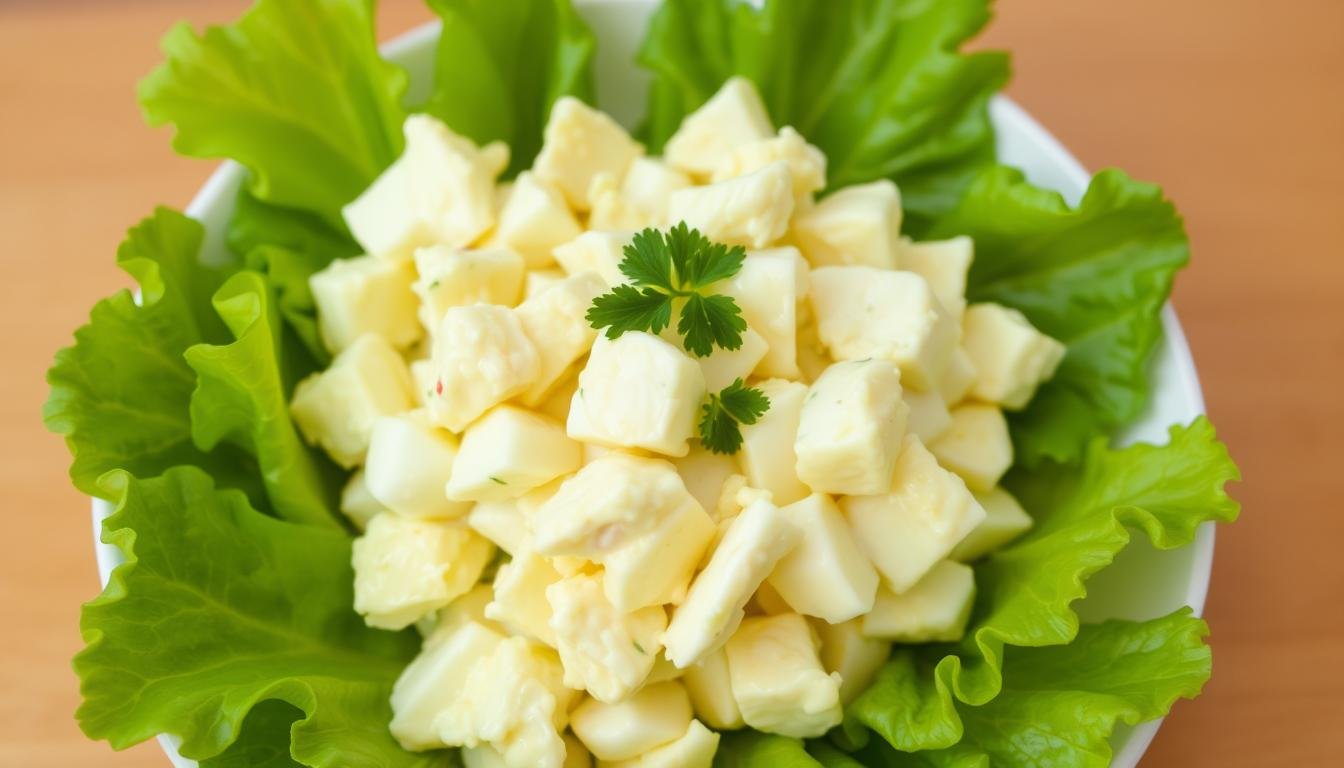 A bowl of creamy egg salad garnished with fresh herbs, perfect for sandwiches or meal prep, showcasing the best egg salad recipe.