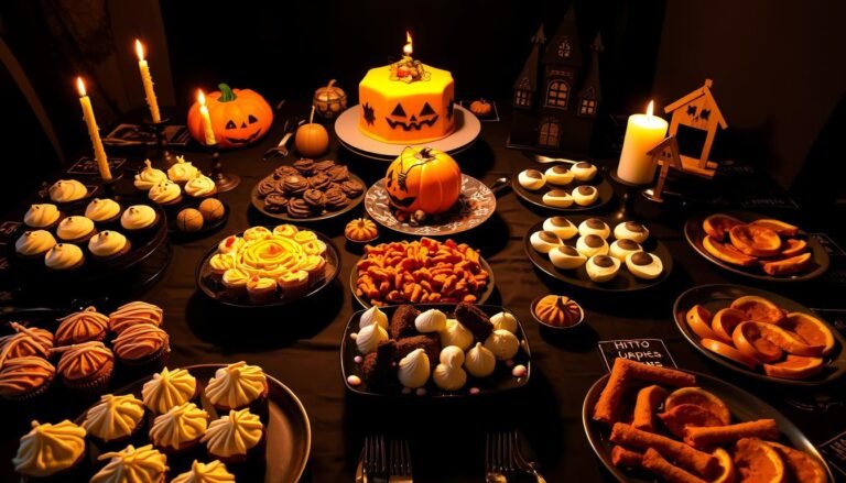 Assorted Halloween party snacks including spooky cupcakes, candy corn, pretzel broomsticks, and pumpkin-shaped cookies on a festive table.