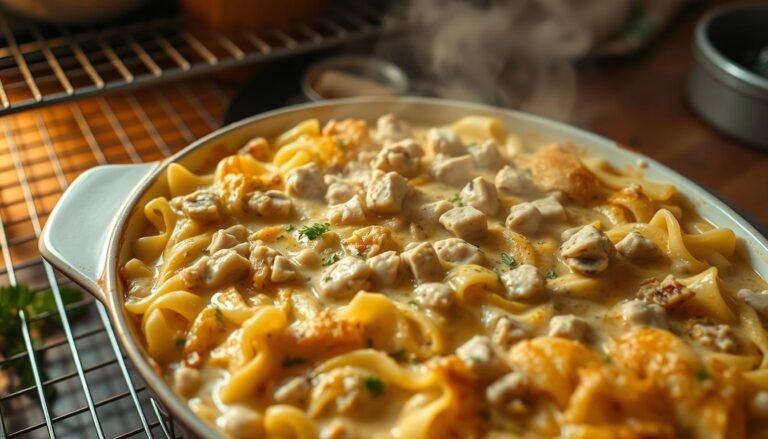 Baked tuna casserole recipe with pasta, creamy sauce, melted cheese, and golden crispy topping in a casserole dish