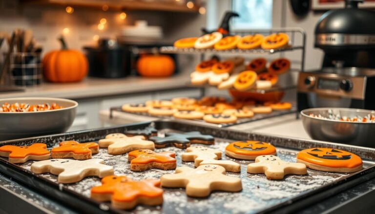 Spooky Halloween cookies decorated with icing, sprinkles, and festive designs like pumpkins, ghosts, and bats – perfect for Halloween parties.