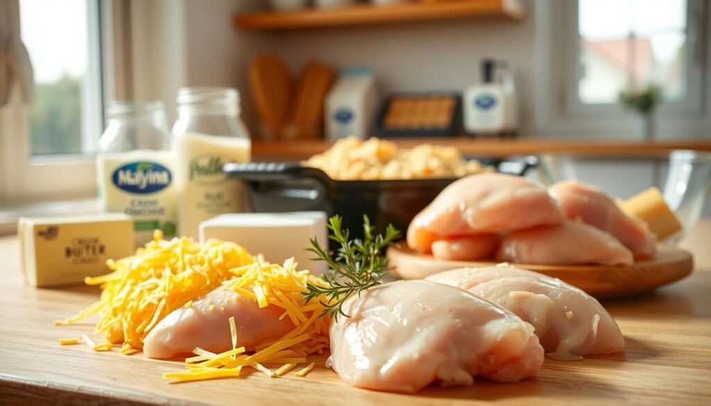 A bright, airy kitchen setting showcasing the key ingredients for a delectable cheesy chicken dish. In the foreground, arrange a selection of fresh chicken breasts, shredded cheddar cheese, a block of cream cheese, and a sprig of fresh thyme. Behind them, place a baking dish filled with breadcrumbs and a few pats of butter. In the background, have a jar of mayonnaise, a carton of milk, and a mixing bowl with a whisk visible. Illuminate the scene with warm, natural lighting from a large window, casting a soft glow over the ingredients. Capture the setup at a slightly low angle to emphasize the textures and colors of the cheesy, creamy components. A bright, airy kitchen setting showcasing the key ingredients for a delectable cheesy chicken dish. In the foreground, arrange a selection of fresh chicken breasts, shredded cheddar cheese, a block of cream cheese, and a sprig of fresh thyme. Behind them, place a baking dish filled with breadcrumbs and a few pats of butter. In the background, have a jar of mayonnaise, a carton of milk, and a mixing bowl with a whisk visible. Illuminate the scene with warm, natural lighting from a large window, casting a soft glow over the ingredients. Capture the setup at a slightly low angle to emphasize the textures and colors of the cheesy, creamy components.