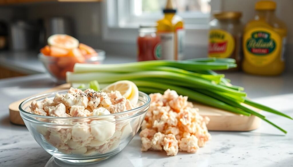 A bright, well-lit kitchen counter showcases the essential ingredients for the perfect tuna salad. In the foreground, a glass bowl overflows with flaked tuna, complemented by creamy mayonnaise, tangy lemon juice, and crisp celery stalks. Nestled between them, a pile of sliced hard-boiled eggs and a sprinkle of freshly ground black pepper. In the middle ground, a cutting board holds vibrant green onions, their stems gracefully cascading. In the background, a jar of sweet relish and a jar of Dijon mustard stand ready to add the final flavor notes. The scene is bathed in natural light, casting a warm, inviting glow and highlighting the fresh, high-quality ingredients.