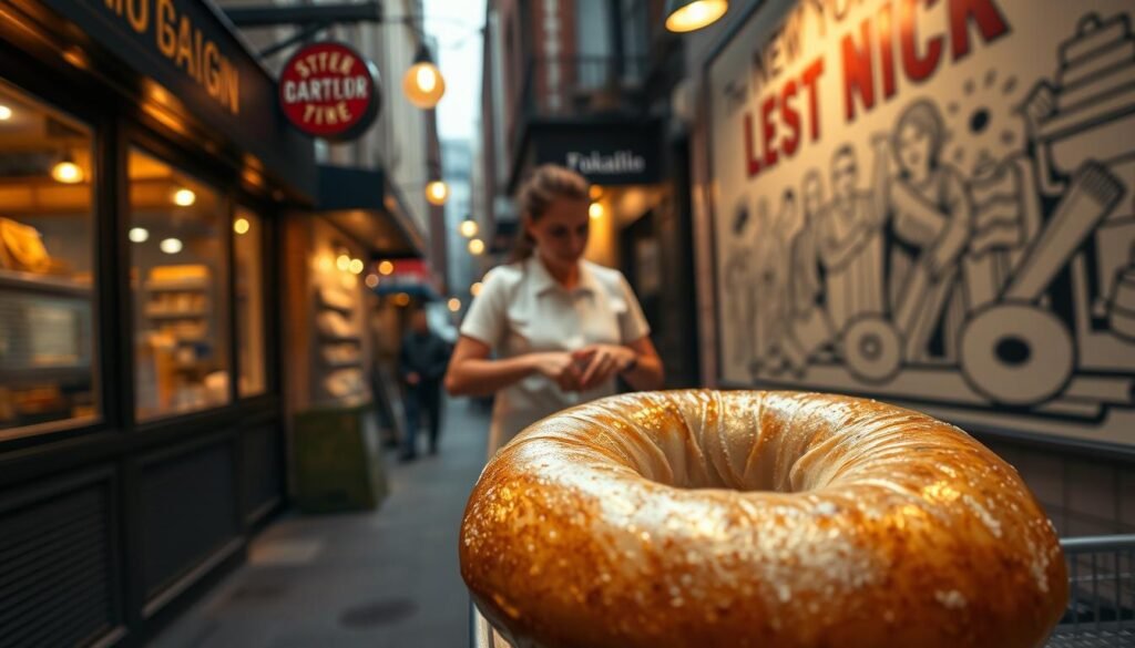 A bustling New York City street, lined with old-world bakeries and delis, the aroma of freshly baked bagels wafting through the air. In the foreground, a classic New York-style bagel, its golden-brown crust glistening under warm lighting, a perfect representation of the city's storied bagel tradition. In the middle ground, a baker kneads dough, her skilled hands shaping the iconic ring-shaped loaves. In the background, a mural depicting the history of the New York bagel, from its humble Eastern European origins to its rise as a cultural icon. Soft, natural lighting casts a nostalgic glow, evoking the timeless allure of this iconic food. A bustling New York City street, lined with old-world bakeries and delis, the aroma of freshly baked bagels wafting through the air. In the foreground, a classic New York-style bagel, its golden-brown crust glistening under warm lighting, a perfect representation of the city's storied bagel tradition. In the middle ground, a baker kneads dough, her skilled hands shaping the iconic ring-shaped loaves. In the background, a mural depicting the history of the New York bagel, from its humble Eastern European origins to its rise as a cultural icon. Soft, natural lighting casts a nostalgic glow, evoking the timeless allure of this iconic food.