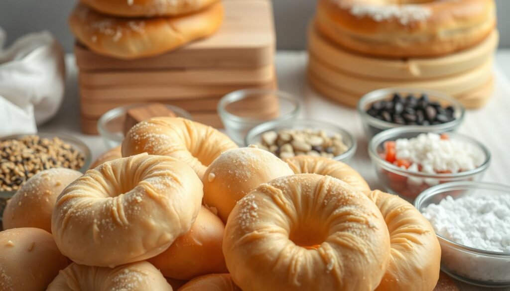 A close-up arrangement of fresh, high-quality ingredients for New York-style bagels. In the foreground, a pile of golden-brown, chewy bagel dough balls, dusted with a light coating of flour. Surrounding them, a selection of essential toppings like sesame seeds, poppy seeds, and coarse salt, arranged neatly in small dishes. In the middle ground, a stack of flour-dusted wooden boards, suggesting the process of shaping and boiling the bagels. In the background, a light, airy atmosphere with soft, natural lighting, conveying the artisanal, homemade feel of authentic New York-style bagel making. A close-up arrangement of fresh, high-quality ingredients for New York-style bagels. In the foreground, a pile of golden-brown, chewy bagel dough balls, dusted with a light coating of flour. Surrounding them, a selection of essential toppings like sesame seeds, poppy seeds, and coarse salt, arranged neatly in small dishes. In the middle ground, a stack of flour-dusted wooden boards, suggesting the process of shaping and boiling the bagels. In the background, a light, airy atmosphere with soft, natural lighting, conveying the artisanal, homemade feel of authentic New York-style bagel making.
