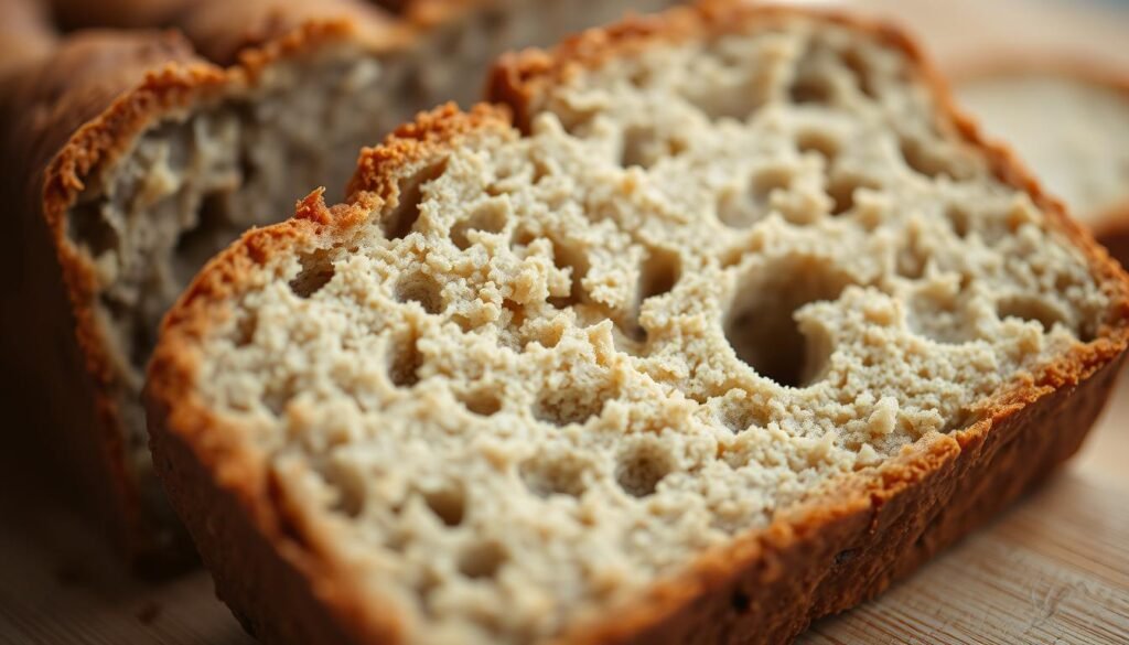 A close-up photograph of a textured banana bread slice, shot with a macro lens and natural lighting. The foreground showcases the intricate crumb structure, with an array of tiny air pockets and a delicate, moist interior. The middle ground highlights the golden-brown crust, revealing the scientific interplay of starches, sugars, and proteins during baking. The background subtly blurs out, focusing the viewer's attention on the technical details of the bread's composition. The overall mood evokes a sense of culinary craftsmanship and the pursuit of baking perfection. A close-up photograph of a textured banana bread slice, shot with a macro lens and natural lighting. The foreground showcases the intricate crumb structure, with an array of tiny air pockets and a delicate, moist interior. The middle ground highlights the golden-brown crust, revealing the scientific interplay of starches, sugars, and proteins during baking. The background subtly blurs out, focusing the viewer's attention on the technical details of the bread's composition. The overall mood evokes a sense of culinary craftsmanship and the pursuit of baking perfection.