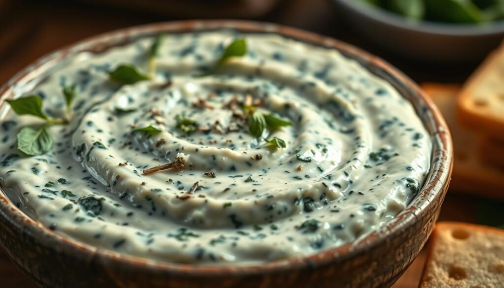 A close-up shot of a creamy, luscious spinach dip, garnished with fresh herbs and served in a rustic ceramic bowl on a wooden table. The dip has a velvety, smooth texture, with flecks of vibrant green spinach peeking through the rich, tangy cream cheese base. The lighting is soft and warm, creating a cozy, inviting atmosphere. The composition emphasizes the dip's irresistible appearance, making it the centerpiece of the image. This mouthwatering party appetizer is sure to be the star of any gathering.