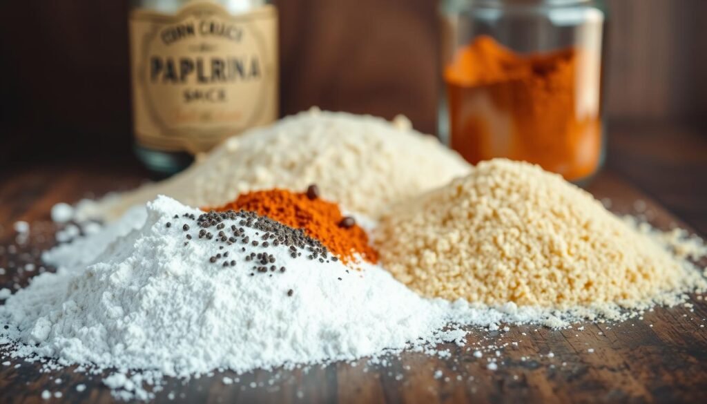 A close-up shot of various breading ingredients for chicken fried steak, arranged on a rustic wooden surface. In the foreground, a mound of all-purpose flour, coarse black pepper, and cayenne pepper are visible. In the middle ground, a mixture of panko breadcrumbs and cornmeal are meticulously placed. The background showcases a vintage spice jar filled with paprika, casting a warm, inviting glow over the scene. The lighting is soft and natural, highlighting the texture and color of the ingredients. The overall composition conveys the essential elements needed to create a perfectly crispy, flavorful coating for chicken fried steak.