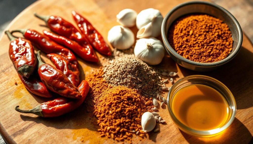 A close-up view of a wooden cutting board, with an assortment of whole chipotle peppers, ground chipotle powder, garlic cloves, cumin seeds, and a small bowl of olive oil. The lighting is warm and natural, casting soft shadows that accentuate the textures and colors of the ingredients. The camera angle is slightly elevated, creating a sense of depth and drawing the viewer's attention to the intricate details of the spice preparation. The mood is one of rustic authenticity, hinting at the complex flavors and smoky intensity of the Chipotle Chicken recipe. A close-up view of a wooden cutting board, with an assortment of whole chipotle peppers, ground chipotle powder, garlic cloves, cumin seeds, and a small bowl of olive oil. The lighting is warm and natural, casting soft shadows that accentuate the textures and colors of the ingredients. The camera angle is slightly elevated, creating a sense of depth and drawing the viewer's attention to the intricate details of the spice preparation. The mood is one of rustic authenticity, hinting at the complex flavors and smoky intensity of the Chipotle Chicken recipe.