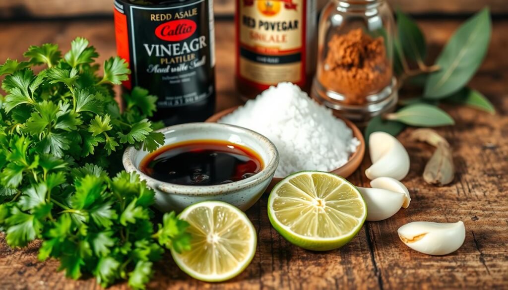 A close-up view of an assortment of carne asada marinade ingredients arranged on a rustic wooden surface. In the foreground, fresh cilantro sprigs, sliced lime wedges, and cloves of garlic gleam under soft, natural lighting. In the middle ground, a bowl of dark, earthy-colored soy sauce and a mound of coarse sea salt stand out against the wooden backdrop. The background features a bottle of red wine vinegar, a jar of chili powder, and a few dried bay leaves, all casting soft shadows and creating a sense of depth and dimension. The overall composition conveys the essential elements needed to prepare an authentic and flavorful carne asada marinade.