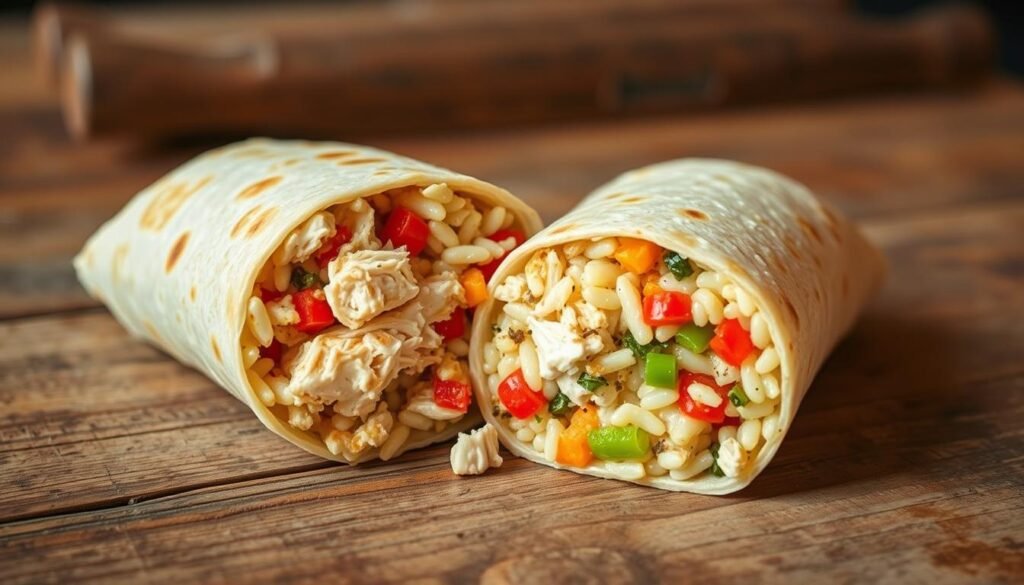 A delectable chicken and rice burrito, its tortilla wrapped around a hearty filling, nestled on a rustic wooden surface. The burrito's cross-section reveals the vibrant colors and textures of its contents - tender shredded chicken, fluffy white rice, and a vibrant array of fresh vegetables and seasonings. Warm lighting casts a cozy glow, highlighting the burrito's inviting appearance. The scene conveys a sense of versatility, showcasing how this simple yet flavorful dish can be enjoyed in various settings, from casual gatherings to formal events. A perfect representation of the "Chicken and Rice Burrito Versatility" that the article aims to highlight. A delectable chicken and rice burrito, its tortilla wrapped around a hearty filling, nestled on a rustic wooden surface. The burrito's cross-section reveals the vibrant colors and textures of its contents - tender shredded chicken, fluffy white rice, and a vibrant array of fresh vegetables and seasonings. Warm lighting casts a cozy glow, highlighting the burrito's inviting appearance. The scene conveys a sense of versatility, showcasing how this simple yet flavorful dish can be enjoyed in various settings, from casual gatherings to formal events. A perfect representation of the "Chicken and Rice Burrito Versatility" that the article aims to highlight.