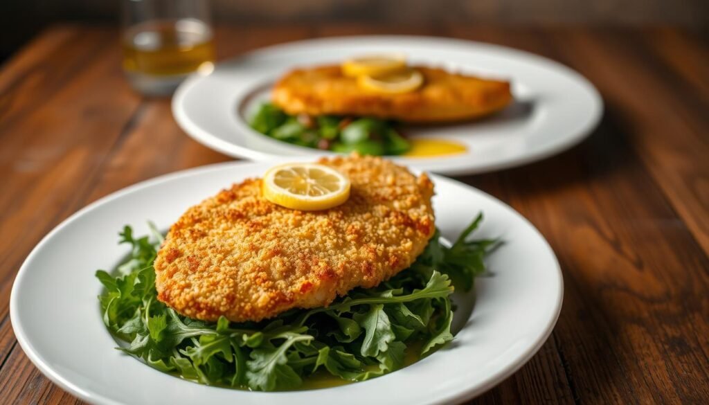 A delectable plate of Classic Chicken Milanese, the quintessential Italian dish. In the foreground, a succulent breaded chicken cutlet, golden-brown and crispy, rests atop a bed of fresh, vibrant arugula salad. The middle ground showcases a drizzle of lemon-infused olive oil, adding a tantalizing citrus note. In the background, a pristine white plate, set against a rustic wooden table, creates a simple yet elegant backdrop. Soft, warm lighting casts a gentle glow, emphasizing the dish's appetizing appearance. The composition captures the essence of this timeless Italian classic - a harmonious balance of textures, flavors, and visual appeal.