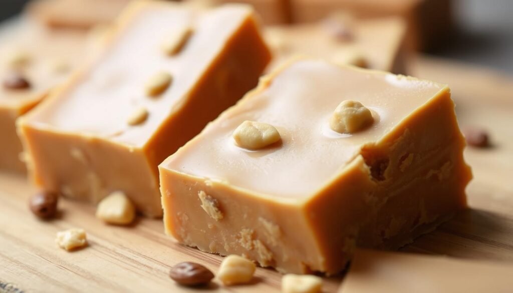 A delectable square of rich, creamy peanut butter fudge, glistening under a soft, warm light. The surface is smooth and inviting, with a slight sheen that hints at its luxurious texture. Flecks of roasted peanuts are scattered throughout, adding a delightful crunch and nutty flavor. The fudge appears to be nestled on a rustic wooden surface, creating a cozy, homemade atmosphere. The background is slightly blurred, allowing the focal point of the fudge to take center stage. The overall scene evokes a sense of indulgence and comfort, making it the perfect accompaniment to the article's section on an irresistible peanut butter fudge recipe. A delectable square of rich, creamy peanut butter fudge, glistening under a soft, warm light. The surface is smooth and inviting, with a slight sheen that hints at its luxurious texture. Flecks of roasted peanuts are scattered throughout, adding a delightful crunch and nutty flavor. The fudge appears to be nestled on a rustic wooden surface, creating a cozy, homemade atmosphere. The background is slightly blurred, allowing the focal point of the fudge to take center stage. The overall scene evokes a sense of indulgence and comfort, making it the perfect accompaniment to the article's section on an irresistible peanut butter fudge recipe.