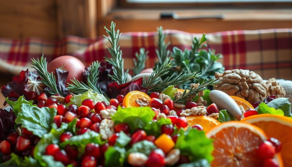A festive holiday salad scene featuring an assortment of seasonal produce in a rustic, natural setting. The foreground showcases a variety of colorful ingredients - crisp red and green lettuces, juicy pomegranate seeds, tart cranberries, and shimmering mandarin orange slices. In the middle ground, sprigs of fresh rosemary, thyme, and sage add earthy accents, while walnuts and toasted pumpkin seeds provide textural contrast. The background features a wooden surface with a vintage-inspired plaid cloth, casting a warm, cozy glow. Soft, natural lighting from a window behind highlights the vibrant hues and fresh, wholesome feel of the scene. An artful, appetizing display capturing the essence of holiday salad making.