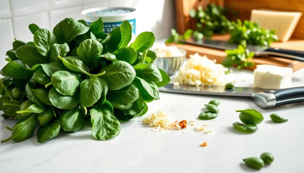 A gleaming white kitchen counter, bathed in soft, natural lighting, serves as the stage for an array of fresh ingredients for the perfect spinach dip. In the foreground, a bundle of vibrant green spinach leaves, their delicate texture and vibrant hue inviting the viewer to imagine their culinary transformation. Surrounding the spinach, an assortment of essential components - a tub of creamy, full-fat sour cream, a block of cream cheese, a handful of shredded Parmesan, and a sprinkling of fragrant, minced garlic. The middle ground showcases a chef's knife, its gleaming blade poised to mince and chop the ingredients, while in the background, a cutting board and a few stray herbs add a sense of culinary anticipation. The overall scene exudes a warm, homey atmosphere, setting the stage for the creation of the perfect, crowd-pleasing spinach dip.