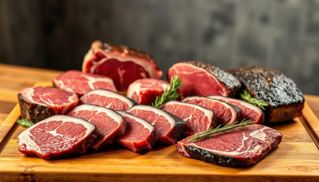 A high-quality, detailed still life scene of premium beef cuts arranged on a wooden cutting board. The cuts are well-lit, showcasing their rich marbling and deep red color. The arrangement includes various cuts such as ribeye, filet mignon, and strip loin, each positioned to highlight their unique shapes and textures. The lighting is warm and natural, creating a inviting and appetizing atmosphere. The background is softly blurred, keeping the focus on the expertly curated selection of premium beef.