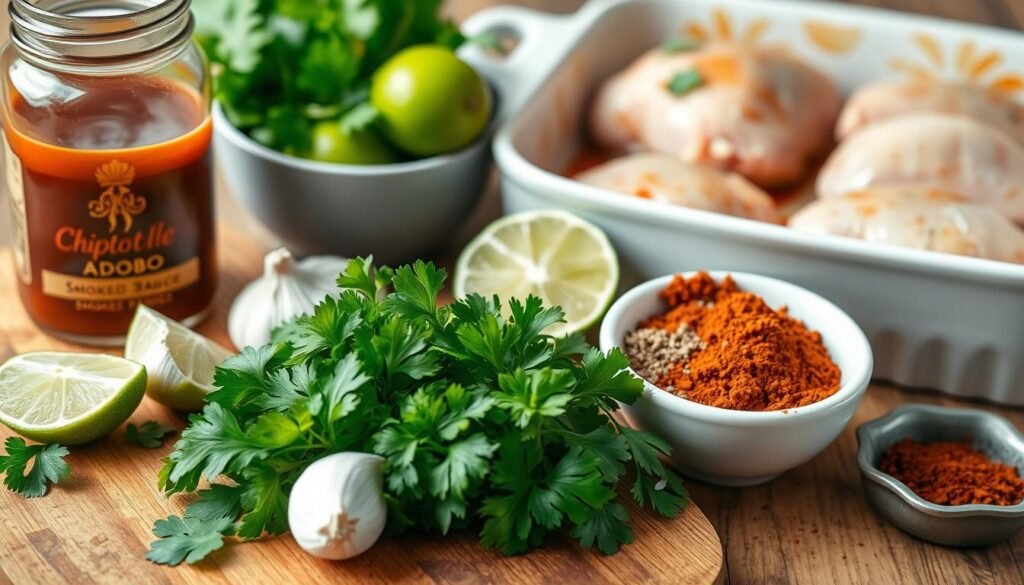 A highly detailed still life image of the ingredients for a chipotle chicken marinade, shot with a high-quality DSLR camera using natural lighting. The foreground features a wooden cutting board with fresh cilantro, lime wedges, garlic cloves, and a jar of adobo sauce. The middle ground showcases a bowl of smoked paprika, cumin, oregano, and chili powder. In the background, a ceramic dish holds chicken thighs, ready to be marinated. The overall mood is rustic and appetizing, emphasizing the vibrant colors and textures of the spices and produce. A highly detailed still life image of the ingredients for a chipotle chicken marinade, shot with a high-quality DSLR camera using natural lighting. The foreground features a wooden cutting board with fresh cilantro, lime wedges, garlic cloves, and a jar of adobo sauce. The middle ground showcases a bowl of smoked paprika, cumin, oregano, and chili powder. In the background, a ceramic dish holds chicken thighs, ready to be marinated. The overall mood is rustic and appetizing, emphasizing the vibrant colors and textures of the spices and produce.