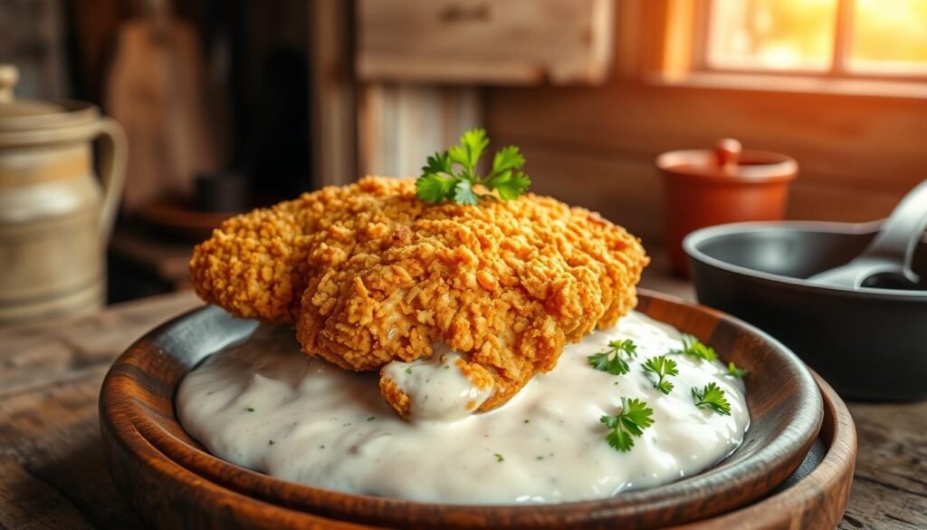 A juicy, golden-brown chicken fried steak, freshly fried to crispy perfection, sits atop a generous serving of creamy white gravy, garnished with sprigs of fresh parsley. The steak is coated in a crunchy, seasoned breading that glistens under the warm, soft lighting, giving it an inviting, homestyle appearance. The dish is presented on a rustic, wooden plate, hinting at its Southern culinary origins. The background showcases a cozy, country-style kitchen, with weathered wooden cabinets and a classic cast-iron skillet in the foreground, complementing the hearty, down-to-earth nature of this regional delicacy.