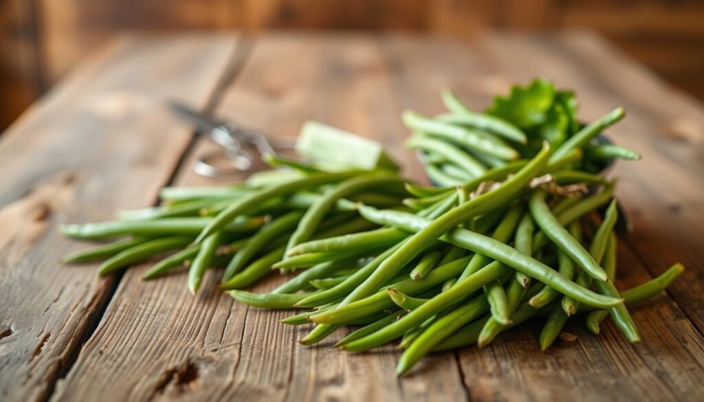 A large wooden table with a rustic, weathered surface. In the foreground, a carefully curated selection of fresh, vibrant green beans in varying shades of green. The beans are arranged in an inviting display, showcasing their slender, crisp forms. Gentle, warm lighting from above casts a soft glow, highlighting the natural textures and subtle variations in the beans. In the middle ground, a set of simple kitchen tools - a sharp knife, a colander, and a pair of kitchen shears - are neatly positioned, hinting at the preparation process to come. The background is blurred, creating a sense of focus and emphasis on the green beans themselves. The overall mood is one of natural, wholesome abundance, inviting the viewer to explore the beauty and versatility of this humble, yet essential ingredient. A large wooden table with a rustic, weathered surface. In the foreground, a carefully curated selection of fresh, vibrant green beans in varying shades of green. The beans are arranged in an inviting display, showcasing their slender, crisp forms. Gentle, warm lighting from above casts a soft glow, highlighting the natural textures and subtle variations in the beans. In the middle ground, a set of simple kitchen tools - a sharp knife, a colander, and a pair of kitchen shears - are neatly positioned, hinting at the preparation process to come. The background is blurred, creating a sense of focus and emphasis on the green beans themselves. The overall mood is one of natural, wholesome abundance, inviting the viewer to explore the beauty and versatility of this humble, yet essential ingredient.