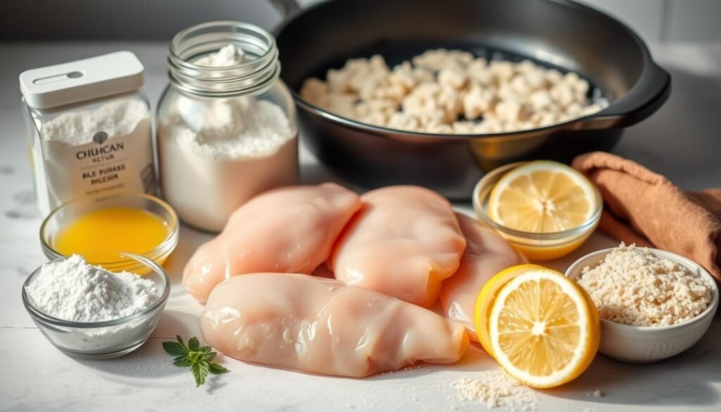 A neatly arranged still life of the essential ingredients for Chicken Milanese: boneless, skinless chicken breasts, all-purpose flour, beaten eggs, breadcrumbs, Parmesan cheese, lemon wedges, and a cast-iron skillet in the background. Soft, natural lighting casts a warm glow, highlighting the textures and colors of the ingredients. The composition is balanced, with the chicken breasts taking center stage, surrounded by the supporting ingredients. The mood is one of culinary anticipation, inviting the viewer to imagine the delicious, crispy-coated chicken that will result from these humble components.