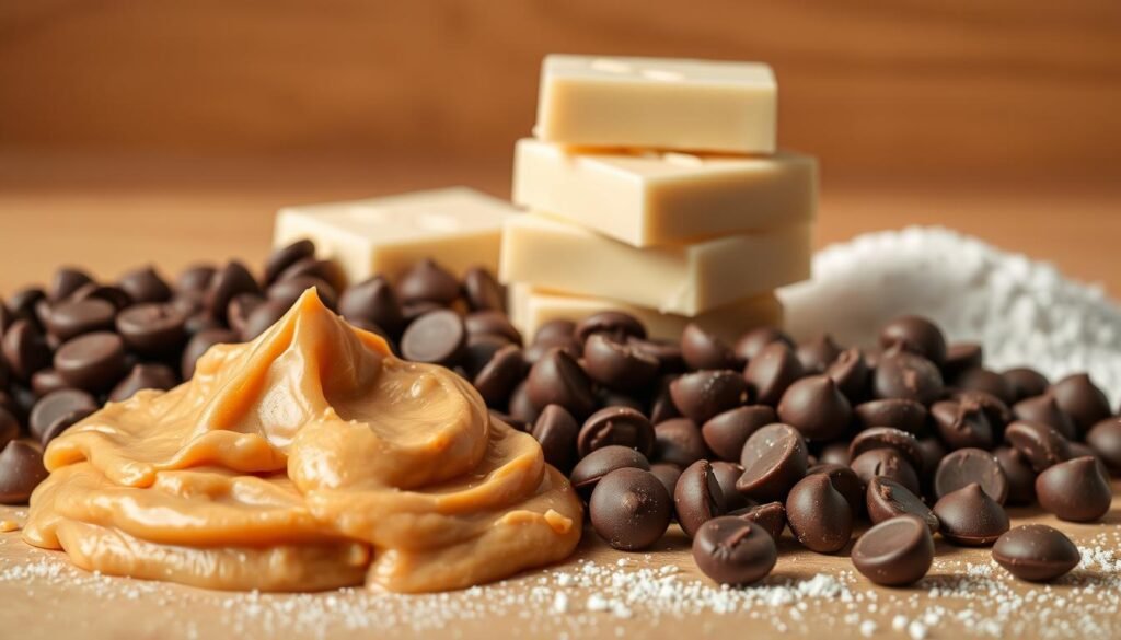 A neatly arranged still life of the essential ingredients for rich, creamy peanut butter fudge. In the foreground, a pile of smooth, golden peanut butter, its texture inviting. Surrounding it, clusters of plump, shiny chocolate chips, their dark hues contrasting beautifully. In the middle ground, a stack of blocks of creamy white chocolate, their edges sharp and precise. In the background, a sprinkle of powdered sugar, its fine, snowy texture adding a delicate touch. Warm, diffused lighting casts a soft glow over the scene, highlighting the luscious, indulgent quality of the ingredients. The overall composition is clean, balanced, and visually appealing, perfectly capturing the essence of the perfect peanut butter fudge. A neatly arranged still life of the essential ingredients for rich, creamy peanut butter fudge. In the foreground, a pile of smooth, golden peanut butter, its texture inviting. Surrounding it, clusters of plump, shiny chocolate chips, their dark hues contrasting beautifully. In the middle ground, a stack of blocks of creamy white chocolate, their edges sharp and precise. In the background, a sprinkle of powdered sugar, its fine, snowy texture adding a delicate touch. Warm, diffused lighting casts a soft glow over the scene, highlighting the luscious, indulgent quality of the ingredients. The overall composition is clean, balanced, and visually appealing, perfectly capturing the essence of the perfect peanut butter fudge.