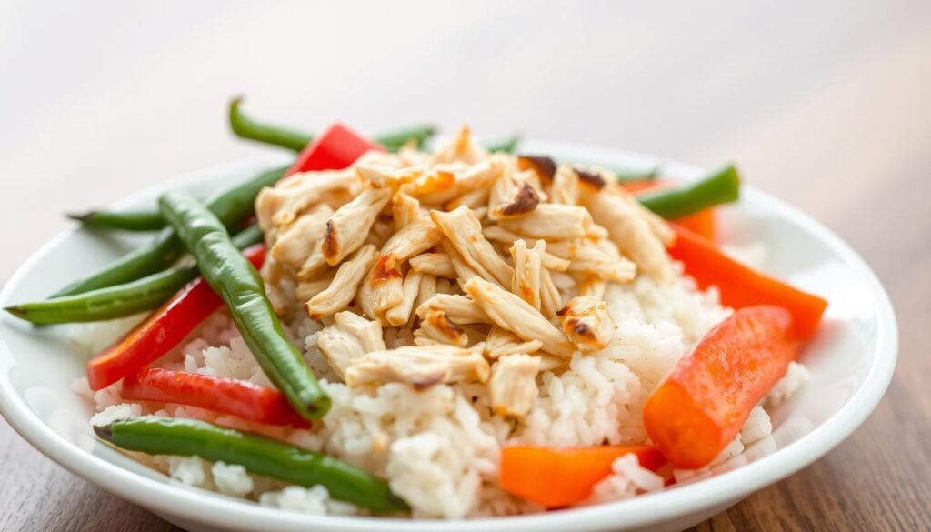 A perfectly cooked and shredded chicken breast sits atop a bed of fluffy white rice, accompanied by a medley of fresh vegetables - crisp green beans, vibrant red bell peppers, and tender carrots. The lighting is soft and natural, highlighting the delicate textures and mouthwatering colors of the meal. A subtle hint of steam rises from the dish, conveying its warmth and freshness. The image is captured at a slightly elevated angle, allowing the viewer to appreciate the well-balanced and visually appealing composition. The overall mood is one of simplicity, nourishment, and the satisfying ease of a quick, healthy meal prepared with high-quality, minimally processed ingredients. A perfectly cooked and shredded chicken breast sits atop a bed of fluffy white rice, accompanied by a medley of fresh vegetables - crisp green beans, vibrant red bell peppers, and tender carrots. The lighting is soft and natural, highlighting the delicate textures and mouthwatering colors of the meal. A subtle hint of steam rises from the dish, conveying its warmth and freshness. The image is captured at a slightly elevated angle, allowing the viewer to appreciate the well-balanced and visually appealing composition. The overall mood is one of simplicity, nourishment, and the satisfying ease of a quick, healthy meal prepared with high-quality, minimally processed ingredients.