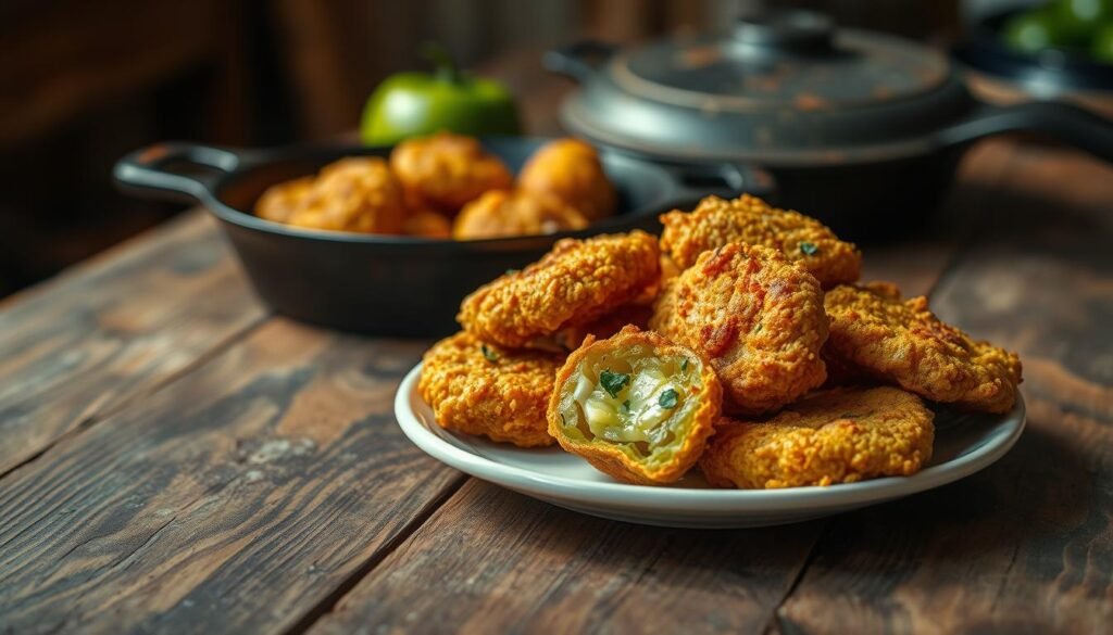 A rustic wooden table, the surface textured with age, is the stage for a classic Southern culinary tradition. In the foreground, a plate holds golden-brown fried green tomatoes, their crisp breading glistening under warm, soft lighting. Sliced open, the tangy-sweet tomato flesh peeks through, accented by a sprinkling of chopped herbs. In the middle ground, a vintage cast iron skillet rests, its patina a testament to countless meals prepared with care. The background blurs softly, hinting at a cozy Southern kitchen, where the aroma of sizzling cornmeal and peppery spices lingers. This image captures the essence of the timeless Southern-style fried green tomatoes, a cherished culinary tradition. A rustic wooden table, the surface textured with age, is the stage for a classic Southern culinary tradition. In the foreground, a plate holds golden-brown fried green tomatoes, their crisp breading glistening under warm, soft lighting. Sliced open, the tangy-sweet tomato flesh peeks through, accented by a sprinkling of chopped herbs. In the middle ground, a vintage cast iron skillet rests, its patina a testament to countless meals prepared with care. The background blurs softly, hinting at a cozy Southern kitchen, where the aroma of sizzling cornmeal and peppery spices lingers. This image captures the essence of the timeless Southern-style fried green tomatoes, a cherished culinary tradition.