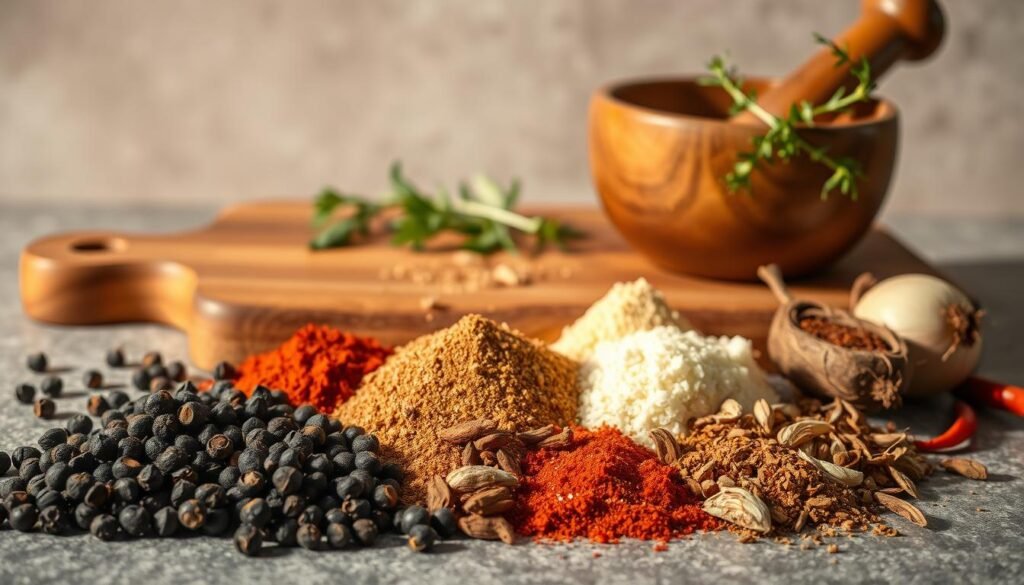 A still life arrangement capturing the essential ingredients for a classic blackened seasoning blend. In the foreground, a collection of whole spices neatly arranged - crushed black peppercorns, smoked paprika, garlic powder, onion powder, cayenne pepper, and dried oregano. The midground features a wooden cutting board with a knife and mortar and pestle, hinting at the preparation process. Warm, directional lighting casts dramatic shadows, evoking the rustic and spicy nature of the seasoning. The background is a simple, textured surface, allowing the vibrant colors and textures of the spices to take center stage. The overall composition conveys the homemade, artisanal quality of the blackened seasoning blend.