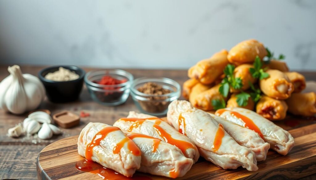 A stylized still-life arrangement showcasing the essential ingredients for perfect chicken wings. In the foreground, crisp chicken wings sit atop a rustic wooden board, drizzled with a glistening sauce. In the middle ground, an assortment of spices and seasonings, such as garlic, paprika, and black pepper, are neatly arranged in small bowls. The background features a clean, bright setting with natural lighting, casting a warm glow on the scene. The overall composition emphasizes the simplicity and quality of the ingredients, creating an appetizing and visually appealing image that captures the essence of the "Easy Chicken Wings Recipe" article. A stylized still-life arrangement showcasing the essential ingredients for perfect chicken wings. In the foreground, crisp chicken wings sit atop a rustic wooden board, drizzled with a glistening sauce. In the middle ground, an assortment of spices and seasonings, such as garlic, paprika, and black pepper, are neatly arranged in small bowls. The background features a clean, bright setting with natural lighting, casting a warm glow on the scene. The overall composition emphasizes the simplicity and quality of the ingredients, creating an appetizing and visually appealing image that captures the essence of the "Easy Chicken Wings Recipe" article.