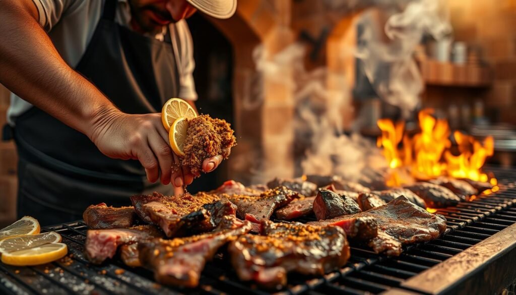 A traditional Mexican carne asada preparation, captured in a vibrant, documentary-style photograph. In the foreground, a skilled cook carefully seasons thick cuts of beef with a blend of aromatic spices and citrus. The middle ground reveals the sizzling grill, emitting billows of fragrant smoke as the meat sears to a perfect char. In the background, a rustic outdoor kitchen setting, with adobe walls and terracotta tiles, evokes the authentic spirit of Mexican grilling. Warm, golden lighting casts a welcoming glow, highlighting the craftsmanship and tradition of this time-honored culinary art.