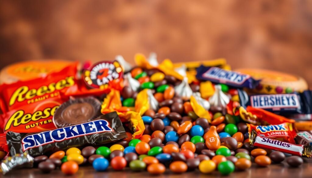 A vibrant still life showcasing a delightful assortment of America's most popular Halloween candies. In the foreground, a variety of iconic treats are artfully arranged - colorful wrappers of Reese's Peanut Butter Cups, Snickers bars, and Hershey's Kisses. The middle ground features a scattering of miniature M&M's, Skittles, and Twix bites, while the background is softly blurred, creating a sense of depth. The lighting is warm and inviting, accentuating the rich colors and textures of the candies. The overall composition is visually appealing, capturing the festive spirit of Halloween and the enduring appeal of these classic confections. A vibrant still life showcasing a delightful assortment of America's most popular Halloween candies. In the foreground, a variety of iconic treats are artfully arranged - colorful wrappers of Reese's Peanut Butter Cups, Snickers bars, and Hershey's Kisses. The middle ground features a scattering of miniature M&M's, Skittles, and Twix bites, while the background is softly blurred, creating a sense of depth. The lighting is warm and inviting, accentuating the rich colors and textures of the candies. The overall composition is visually appealing, capturing the festive spirit of Halloween and the enduring appeal of these classic confections.