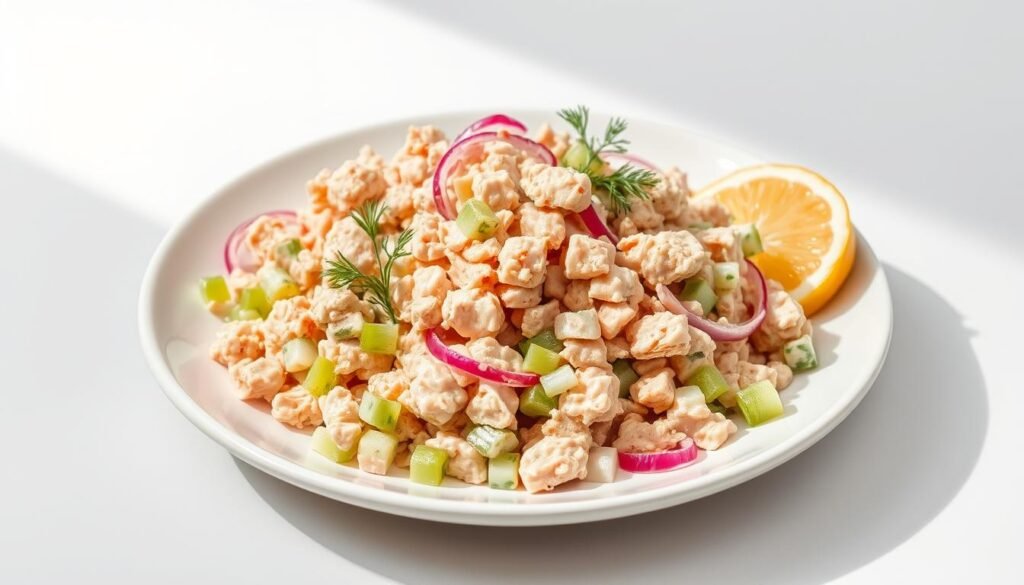 A vibrant tuna salad arrangement, neatly presented on a white ceramic plate. The salad features a generous portion of flaky, high-quality tuna mixed with crisp, diced celery, tangy red onions, and a creamy, mayonnaise-based dressing. Fresh sprigs of dill and a squeeze of lemon juice add a touch of brightness. The plate is set against a light, airy background, with natural lighting casting a soft, even glow across the scene. The composition is carefully balanced, drawing the eye to the delectable tuna salad at the center. This healthy, protein-rich lunch option is perfect for a quick midday meal, capturing the classic flavors and convenience of a timeless recipe.