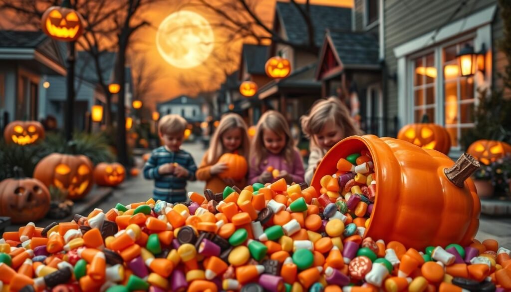 A vibrant, whimsical scene of classic Halloween candy traditions. In the foreground, a bountiful pile of assorted candies - candy corn, chocolate bars, lollipops, and gummy treats - spilling out of a colorful pumpkin bucket. The middle ground features a group of smiling children, excitedly sorting through their trick-or-treat haul under the soft glow of carved jack-o'-lanterns. In the background, a charming neighborhood street is adorned with spooky decor - spiderwebs, bats, and a full moon casting an eerie, amber-tinted light. The scene is captured with a warm, nostalgic lens, evoking the timeless magic and joy of Halloween candy traditions. A vibrant, whimsical scene of classic Halloween candy traditions. In the foreground, a bountiful pile of assorted candies - candy corn, chocolate bars, lollipops, and gummy treats - spilling out of a colorful pumpkin bucket. The middle ground features a group of smiling children, excitedly sorting through their trick-or-treat haul under the soft glow of carved jack-o'-lanterns. In the background, a charming neighborhood street is adorned with spooky decor - spiderwebs, bats, and a full moon casting an eerie, amber-tinted light. The scene is captured with a warm, nostalgic lens, evoking the timeless magic and joy of Halloween candy traditions.