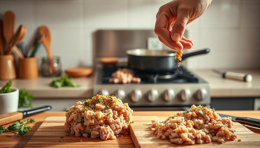 A warm-lit kitchen countertop with various cooking utensils, a cutting board, and freshly ground chicken meat. In the foreground, a chef's hand expertly seasoning the ground chicken with a blend of herbs and spices. In the middle ground, a sizzling pan on the stovetop, emitting enticing aromas. The background features a clean, minimalist tile backsplash, casting a soft, natural light over the scene. The overall atmosphere conveys a sense of effortless culinary mastery, perfect for showcasing essential tips for cooking delicious ground chicken dishes. A warm-lit kitchen countertop with various cooking utensils, a cutting board, and freshly ground chicken meat. In the foreground, a chef's hand expertly seasoning the ground chicken with a blend of herbs and spices. In the middle ground, a sizzling pan on the stovetop, emitting enticing aromas. The background features a clean, minimalist tile backsplash, casting a soft, natural light over the scene. The overall atmosphere conveys a sense of effortless culinary mastery, perfect for showcasing essential tips for cooking delicious ground chicken dishes.
