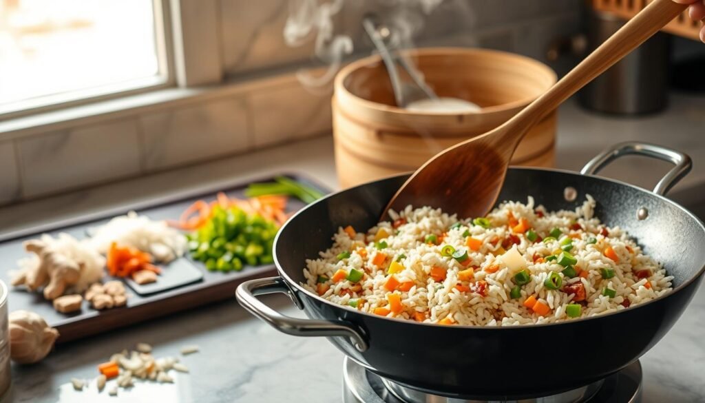 A well-lit kitchen counter showcases a delectable display of Chinese fried rice preparation. In the foreground, a wooden spatula delicately stirs a sizzling wok filled with fluffy white rice, scrambled eggs, soy sauce, and diced vegetables like carrots, peas, and scallions. The middle ground features an array of chopped ingredients, including ginger, garlic, and sliced onions, ready to be added to the wok. In the background, a traditional Chinese steamer basket stands, emitting wisps of fragrant steam. The scene is illuminated by soft, warm lighting, capturing the authentic, homemade essence of this classic Chinese dish. A well-lit kitchen counter showcases a delectable display of Chinese fried rice preparation. In the foreground, a wooden spatula delicately stirs a sizzling wok filled with fluffy white rice, scrambled eggs, soy sauce, and diced vegetables like carrots, peas, and scallions. The middle ground features an array of chopped ingredients, including ginger, garlic, and sliced onions, ready to be added to the wok. In the background, a traditional Chinese steamer basket stands, emitting wisps of fragrant steam. The scene is illuminated by soft, warm lighting, capturing the authentic, homemade essence of this classic Chinese dish.