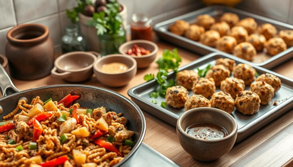 A well-lit kitchen scene, showcasing a selection of ground chicken dishes perfect for quick weeknight meals. In the foreground, a skillet sizzles with a delectable ground chicken stir-fry, fragrant with garlic, ginger, and vibrant vegetables. In the middle ground, a baking tray holds juicy ground chicken meatballs, their golden-brown exteriors beckoning. Surrounding the main dishes, an assortment of fresh herbs, spices, and condiments in rustic ceramic bowls, hinting at the versatility of ground chicken. The warm, inviting lighting casts a cozy, homey atmosphere, emphasizing the ease and convenience of these satisfying weeknight meals. A well-lit kitchen scene, showcasing a selection of ground chicken dishes perfect for quick weeknight meals. In the foreground, a skillet sizzles with a delectable ground chicken stir-fry, fragrant with garlic, ginger, and vibrant vegetables. In the middle ground, a baking tray holds juicy ground chicken meatballs, their golden-brown exteriors beckoning. Surrounding the main dishes, an assortment of fresh herbs, spices, and condiments in rustic ceramic bowls, hinting at the versatility of ground chicken. The warm, inviting lighting casts a cozy, homey atmosphere, emphasizing the ease and convenience of these satisfying weeknight meals.
