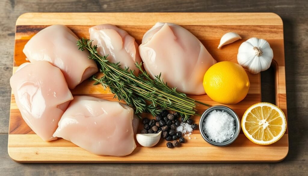 A wooden cutting board laid out with an assortment of fresh, high-quality ingredients for boiling chicken breast: plump, boneless, skinless chicken breasts, a bundle of fragrant thyme sprigs, a few garlic cloves, a lemon cut in half, a teaspoon of peppercorns, and a pinch of sea salt. The lighting is soft and natural, highlighting the vibrant colors and textures of the ingredients. The camera angle is slightly elevated, providing a clear, unobstructed view of the arranged items, conveying a sense of simplicity and culinary preparedness. A wooden cutting board laid out with an assortment of fresh, high-quality ingredients for boiling chicken breast: plump, boneless, skinless chicken breasts, a bundle of fragrant thyme sprigs, a few garlic cloves, a lemon cut in half, a teaspoon of peppercorns, and a pinch of sea salt. The lighting is soft and natural, highlighting the vibrant colors and textures of the ingredients. The camera angle is slightly elevated, providing a clear, unobstructed view of the arranged items, conveying a sense of simplicity and culinary preparedness.
