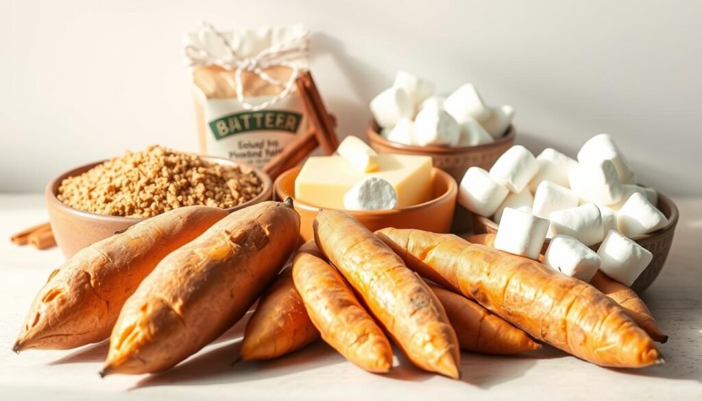 Candied Yams Ingredients: A still life arrangement of freshly harvested sweet potatoes, brown sugar, butter, cinnamon sticks, and marshmallows. The potatoes are arranged in the foreground, with the remaining ingredients in the middle ground. Soft, natural lighting illuminates the scene, casting warm shadows and highlights. The background is a clean, neutral setting, allowing the vibrant colors of the produce to take center stage. The overall composition evokes the comforting and nostalgic atmosphere of a classic holiday dish. Candied Yams Ingredients: A still life arrangement of freshly harvested sweet potatoes, brown sugar, butter, cinnamon sticks, and marshmallows. The potatoes are arranged in the foreground, with the remaining ingredients in the middle ground. Soft, natural lighting illuminates the scene, casting warm shadows and highlights. The background is a clean, neutral setting, allowing the vibrant colors of the produce to take center stage. The overall composition evokes the comforting and nostalgic atmosphere of a classic holiday dish.