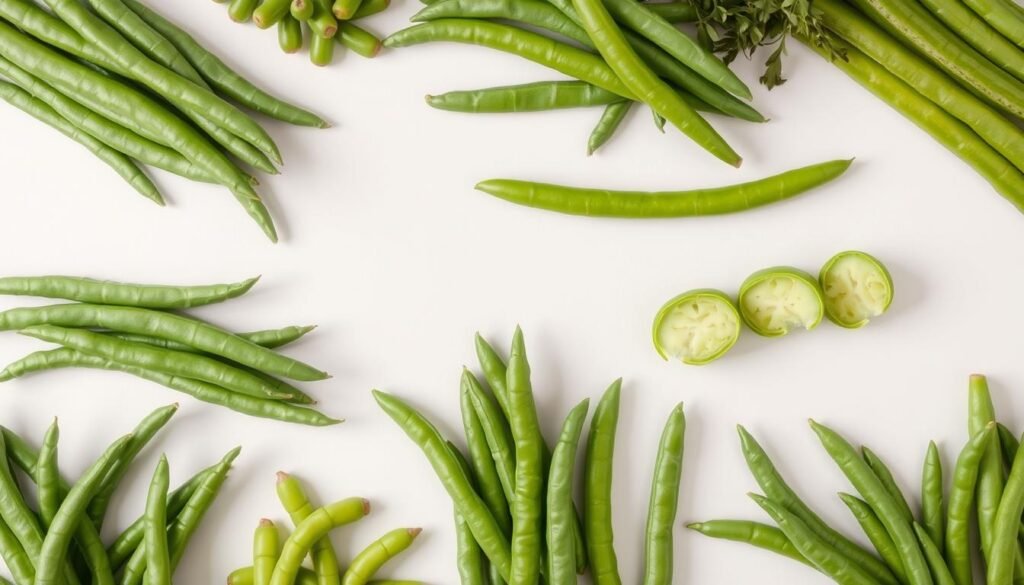 Carefully arranged assortment of fresh, vibrant green beans, showcased against a light, neutral background. The beans are displayed in an organized, visually appealing manner, with some displayed whole, others cut into diagonal sections, to highlight their texture and shape. Soft, natural lighting illuminates the scene, casting gentle shadows and emphasizing the vivid green hue of the produce. The overall composition is clean, uncluttered, and focused solely on the key ingredients, conveying a sense of simplicity and culinary inspiration. Carefully arranged assortment of fresh, vibrant green beans, showcased against a light, neutral background. The beans are displayed in an organized, visually appealing manner, with some displayed whole, others cut into diagonal sections, to highlight their texture and shape. Soft, natural lighting illuminates the scene, casting gentle shadows and emphasizing the vivid green hue of the produce. The overall composition is clean, uncluttered, and focused solely on the key ingredients, conveying a sense of simplicity and culinary inspiration.