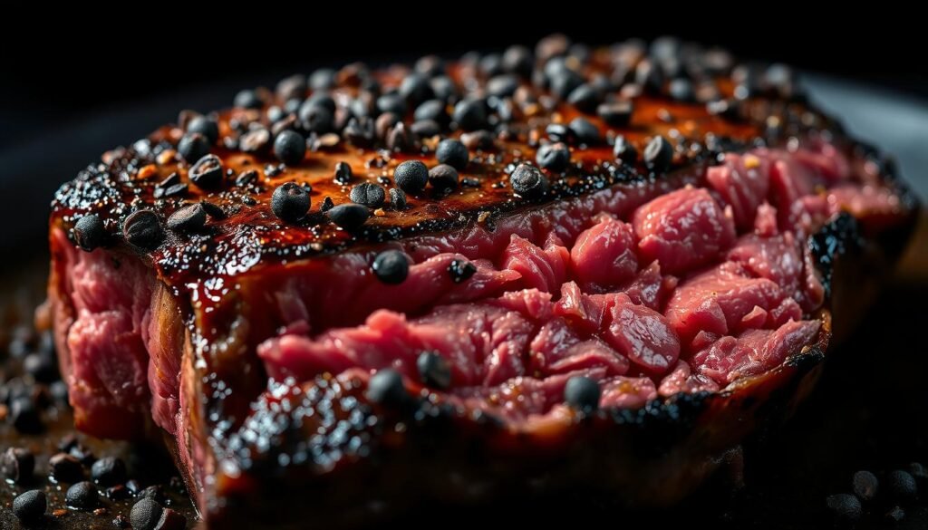 Filet Mignon Peppercorn Preparation: A close-up shot of a thick, juicy filet mignon steak, seasoned with a generous coat of freshly cracked black peppercorns. The steak is seared to perfection, with a charred exterior and a warm, pink center. The lighting is dramatic, casting deep shadows and highlighting the textural contrast between the peppery crust and the tender, succulent meat. The image captures the essence of a classic steak and peppercorn dish, conveying the intense flavor and culinary artistry involved in its preparation.