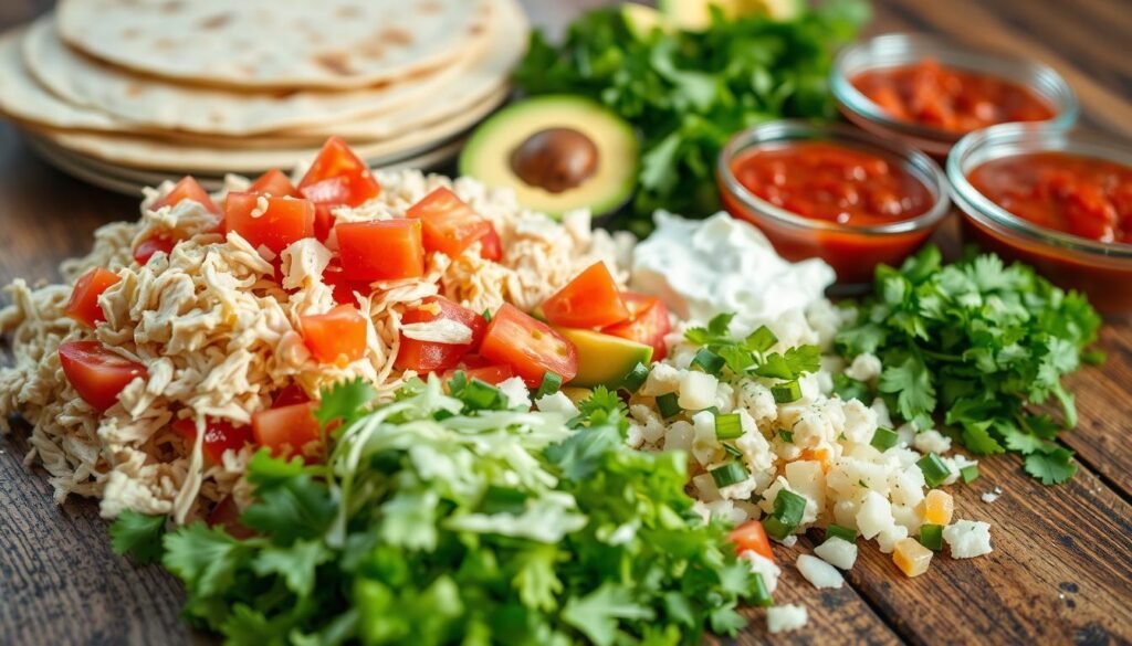 High-resolution close-up photograph of various fresh ingredients for a chicken burrito, arranged on a rustic wooden table with natural lighting. In the foreground, shredded rotisserie chicken, diced tomatoes, shredded lettuce, and crumbled queso fresco. In the middle ground, sliced avocado, diced onions, and a dollop of sour cream. In the background, a stack of warm flour tortillas, a sprinkling of chopped cilantro, and a dish of enchilada sauce. The scene has a vibrant, appetizing mood with a focus on the key components of a delicious homemade chicken burrito. High-resolution close-up photograph of various fresh ingredients for a chicken burrito, arranged on a rustic wooden table with natural lighting. In the foreground, shredded rotisserie chicken, diced tomatoes, shredded lettuce, and crumbled queso fresco. In the middle ground, sliced avocado, diced onions, and a dollop of sour cream. In the background, a stack of warm flour tortillas, a sprinkling of chopped cilantro, and a dish of enchilada sauce. The scene has a vibrant, appetizing mood with a focus on the key components of a delicious homemade chicken burrito.
