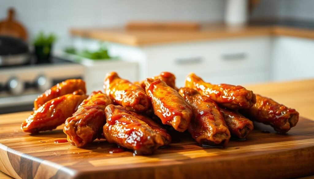 Homemade oven-roasted chicken wings, golden and crispy, glistening with a savory glaze. A rustic, wooden cutting board in the foreground, the wings arranged artfully, drizzled with a rich, caramelized sauce. Warm, natural lighting illuminates the scene, casting a cozy, inviting atmosphere. In the background, a simple, minimalist kitchen counter, with a few herbs and spices hinting at the homemade preparation. The image conveys the satisfying experience of homemade chicken wings, far surpassing the generic flavors of takeout. Homemade oven-roasted chicken wings, golden and crispy, glistening with a savory glaze. A rustic, wooden cutting board in the foreground, the wings arranged artfully, drizzled with a rich, caramelized sauce. Warm, natural lighting illuminates the scene, casting a cozy, inviting atmosphere. In the background, a simple, minimalist kitchen counter, with a few herbs and spices hinting at the homemade preparation. The image conveys the satisfying experience of homemade chicken wings, far surpassing the generic flavors of takeout.