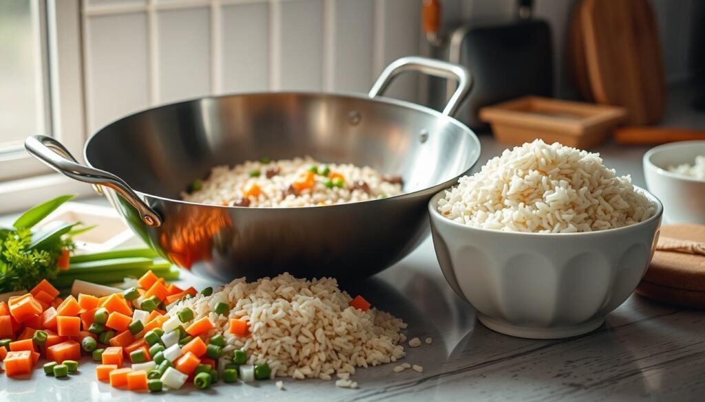 Meticulously staged kitchen counter, filled with the essential tools and ingredients for preparing a delectable fried rice dish. A large wok takes center stage, its metal surface gleaming under bright, natural lighting. Crisp vegetables - diced carrots, peas, onions, and scallions - surround the wok, waiting to be stir-fried to perfection. Fragrant jasmine rice is neatly piled in a white ceramic bowl, ready to be incorporated. The scene is bathed in a warm, inviting glow, conveying the comforting process of crafting an authentic, homemade fried rice. Subtle shadows and angles highlight the textural details, inviting the viewer to envision the sizzling, flavor-packed dish. Meticulously staged kitchen counter, filled with the essential tools and ingredients for preparing a delectable fried rice dish. A large wok takes center stage, its metal surface gleaming under bright, natural lighting. Crisp vegetables - diced carrots, peas, onions, and scallions - surround the wok, waiting to be stir-fried to perfection. Fragrant jasmine rice is neatly piled in a white ceramic bowl, ready to be incorporated. The scene is bathed in a warm, inviting glow, conveying the comforting process of crafting an authentic, homemade fried rice. Subtle shadows and angles highlight the textural details, inviting the viewer to envision the sizzling, flavor-packed dish.